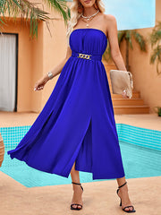 Chains Elasticity Pleated Split-Front A-Line Sleeveless Tube Midi Dresses