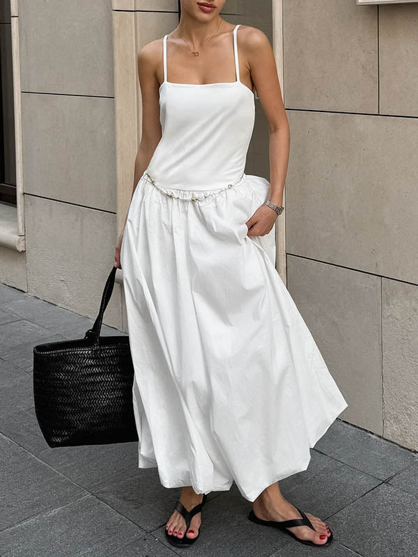 Pleated Solid Color Split-Joint Loose Sleeveless Spaghetti-Neck Midi Dresses