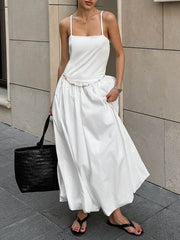 Pleated Solid Color Split-Joint Loose Sleeveless Spaghetti-Neck Midi Dresses