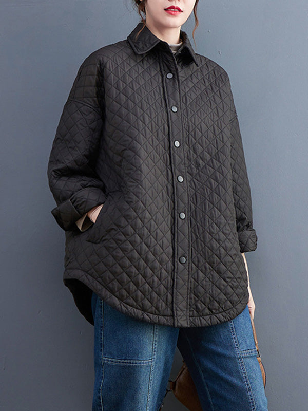 Loose Long Sleeves Buttoned Solid Color Lapel Collar Padded Outerwear