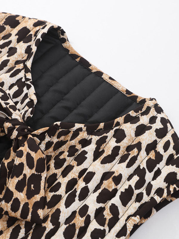 Lace-Up Leopard Split-Joint Loose Sleeveless V-neck Vest Outerwear