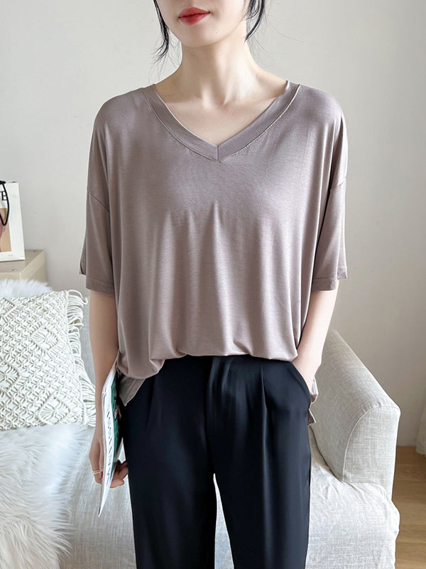 Solid Color Split-Joint Loose Short Sleeves V-neck T-Shirts Tops