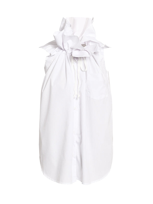 Buttoned Drawstring Pleated Solid Color Loose Sleeveless Stand Collar Vest Top