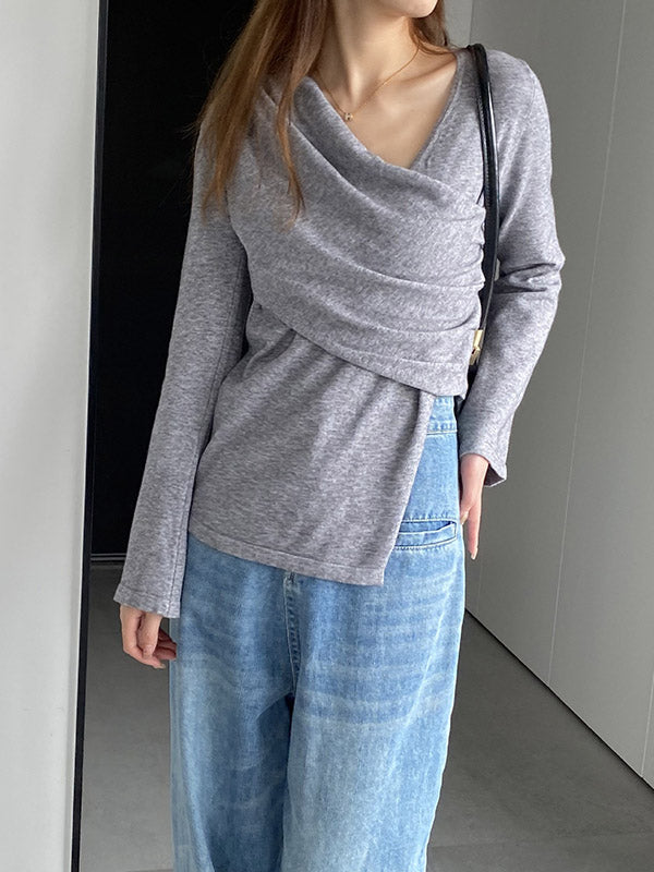 Asymmetric Solid Color Long Sleeves Loose V-Neck T-Shirts Tops