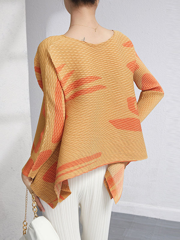 Casual Irregularity Loose Printed Pleated Round-Neck T-Shirts Tops