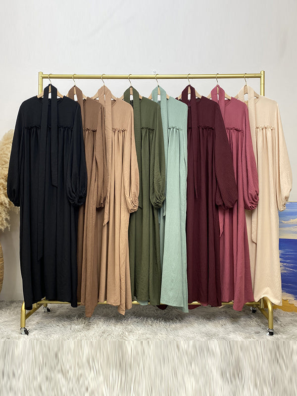 Elasticity Muslim Pleated Solid Color Split-Joint Tied Waist Bishop Sleeve Long Sleeves Round-Neck Maxi Dresses