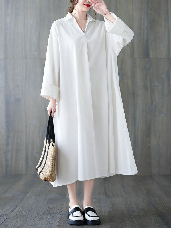 Buttoned Solid Color A-Line Long Sleeves Lapel Shirt Dress Midi Dresses