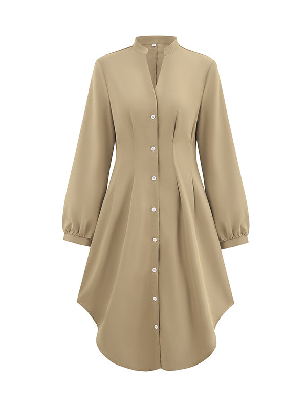 Buttoned No Belt Pleated Solid Color Long Sleeves Loose V-neck Shirt Dress Midi Dresses