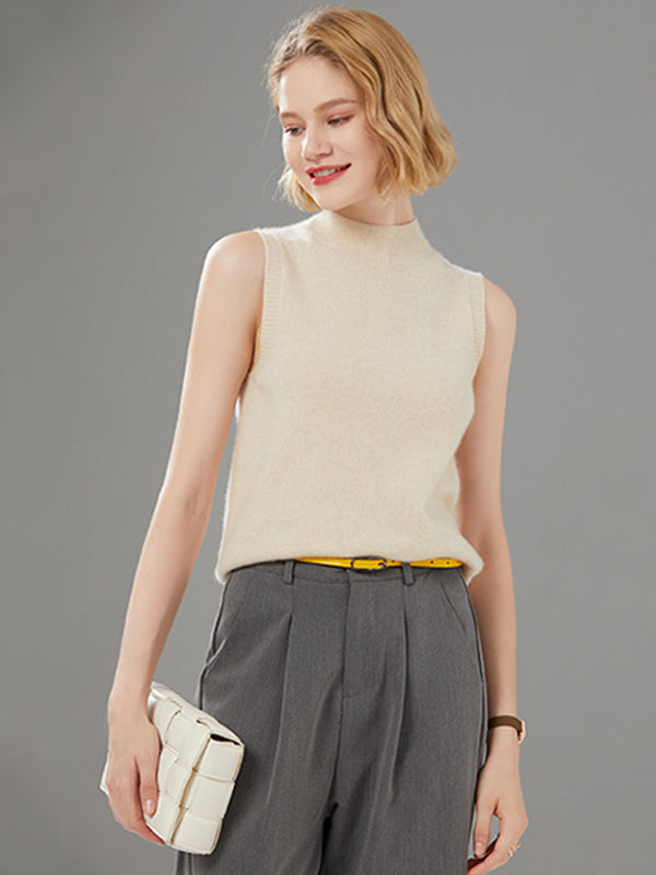 Stylish Wool Sleeveless Solid Color Half Turtleneck Vest Top