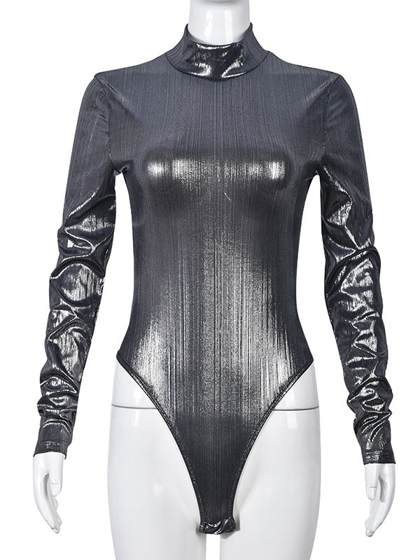 Bronzing Solid Color Long Sleeves Skinny Mock Neck Bodysuits