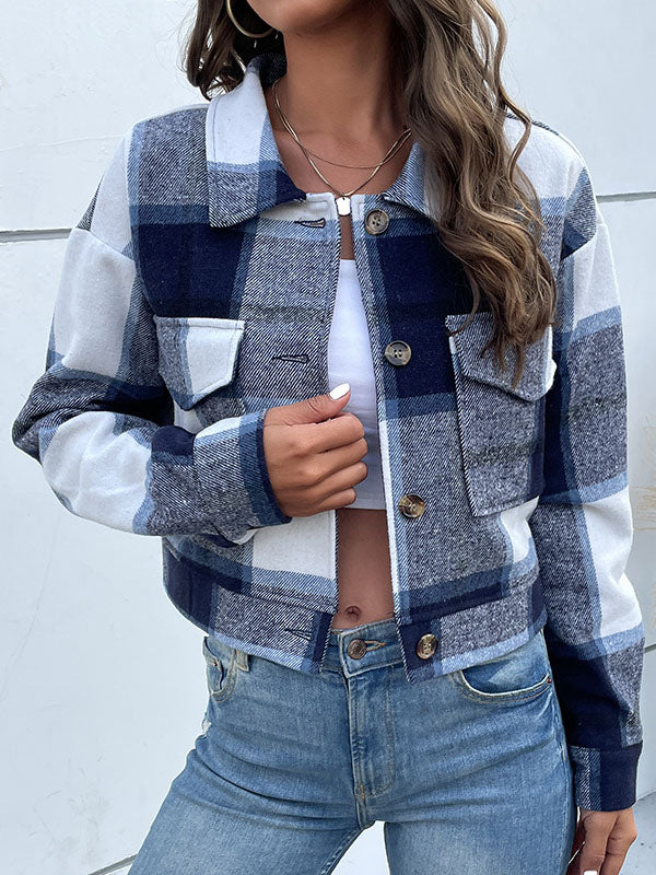 Buttoned Plaid Pockets Split-Joint Long Sleeves Loose Lapel Outerwear Jackets