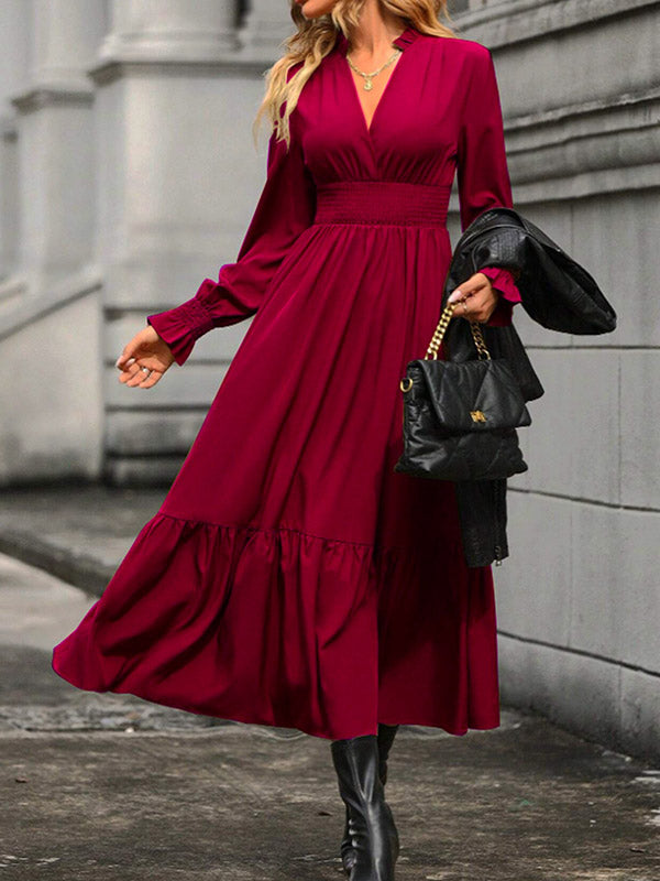 Elasticity Pleated Solid Color A-Line Flared Sleeves V-Neck Midi Dresses