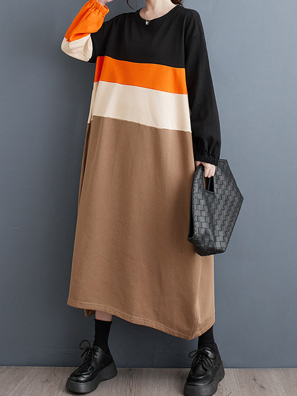 Contrast Color Elasticity Split-Joint A-Line Long Sleeves Round-Neck Midi Dresses