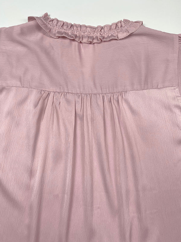 Pleated Solid Color Loose Ruffle Sleeves V-Neck T-Shirts Tops