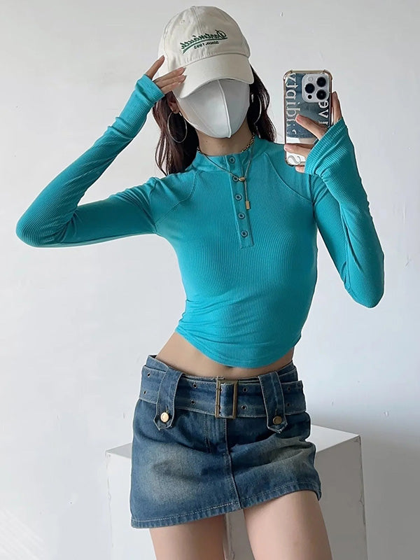 Solid Color Split-Joint Long Sleeves Skinny Round-Neck T-Shirts