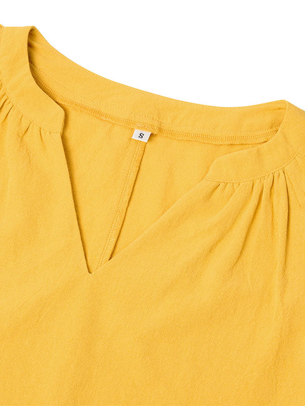 Solid Color Split-Joint Loose V-neck T-Shirts Tops