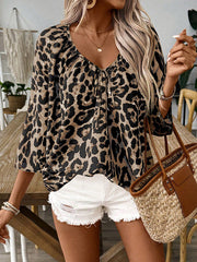 Drawstring Leopard Printed Loose Three-Quarter Sleeves V-Neck Blouses&Shirts Tops