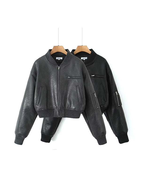 Quilted Solid Color Zipper Stand Collar PU Outerwear Jackets