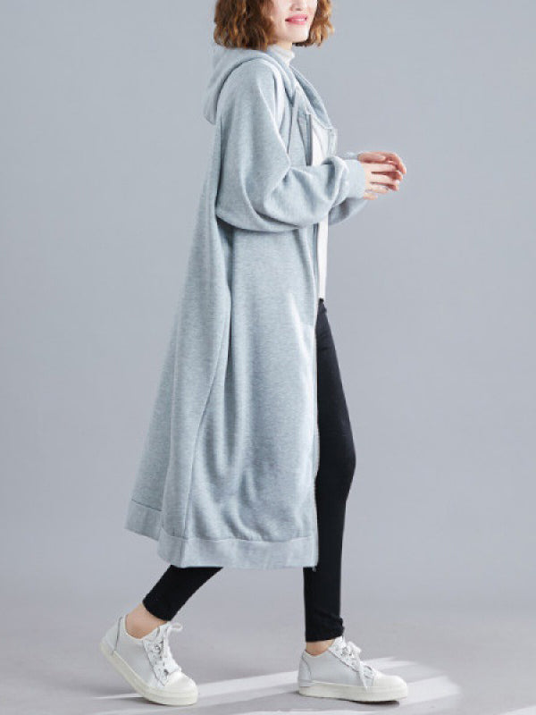 Casual Loose Long Sleeves Solid Color Hooded Outerwear