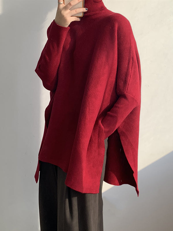 Original 4 Colors Split-Side High-Neck Long Sleeves Sweater Top