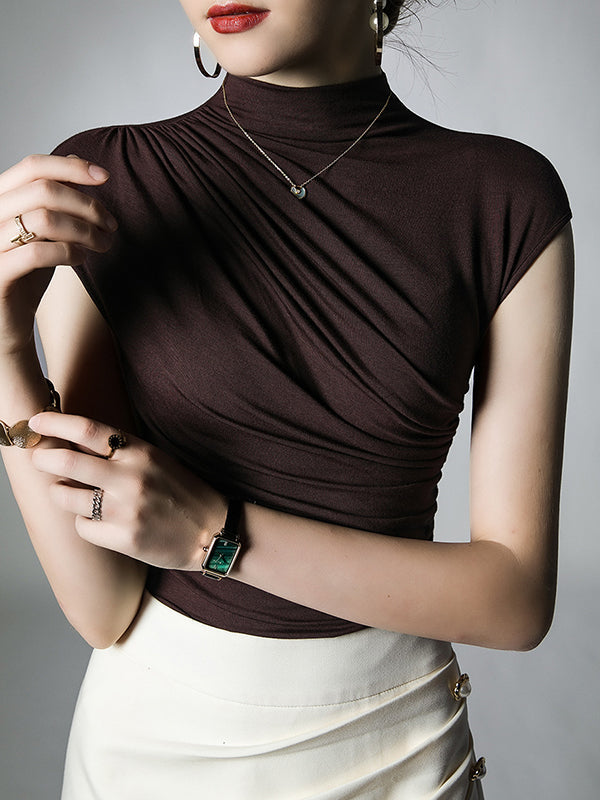 Pleated Solid Color Skinny Mock Neck T-Shirts Tops