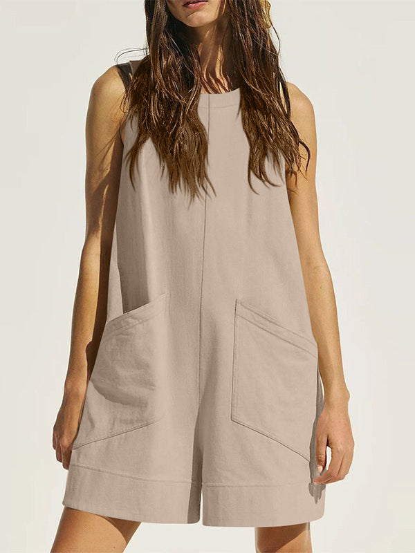 Pockets Solid Color Loose Sleeveless Round-Neck Rompers