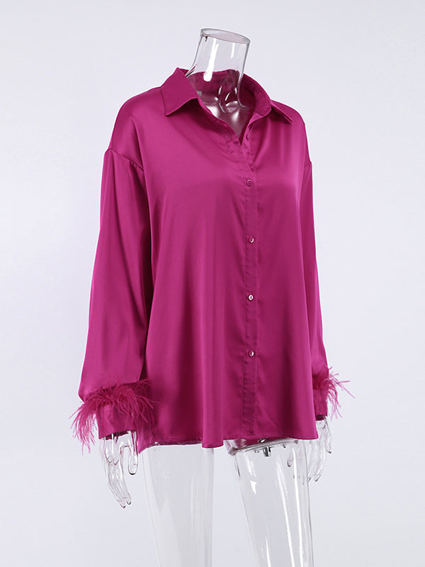 Loose Wrap Feathers Solid Color Split-Joint Lapel Collar Blouses&Shirts Tops