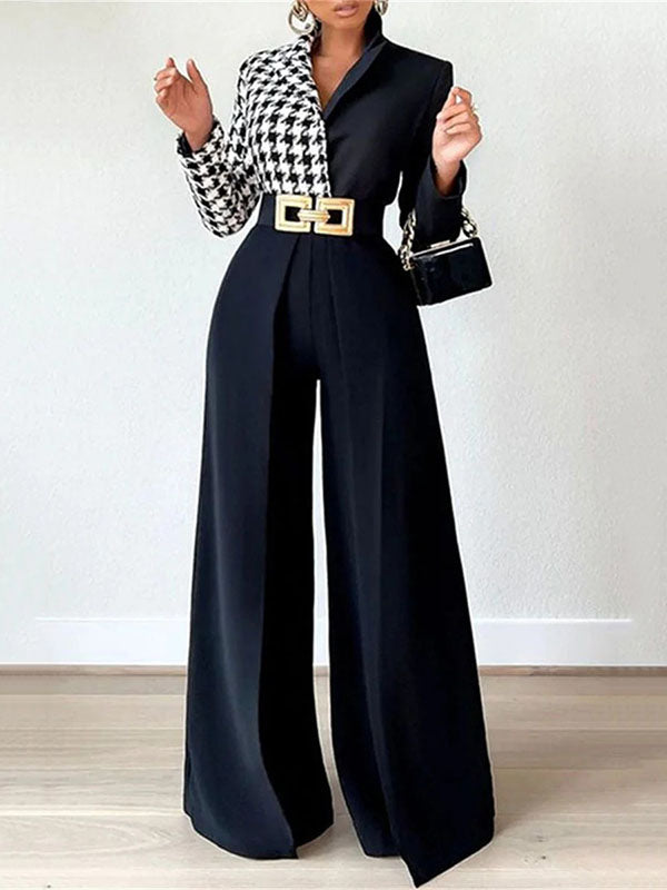 Houndstooth Split-Joint Long Sleeves Loose Lapel Blouses