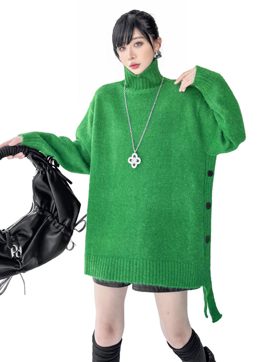 Buttoned Ribs Solid Color Split-Joint Irregularity Long Sleeves High Neck Sweater Tops