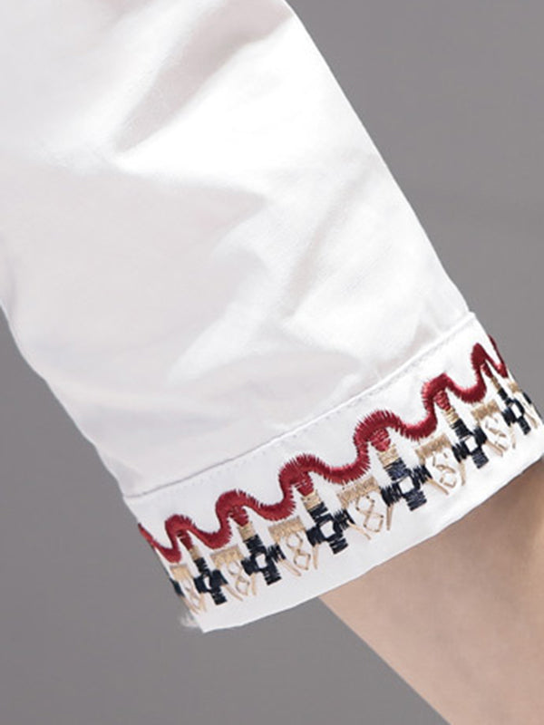 Buttoned Embroidered Loose Three-Quarter Sleeves Stand Collar Blouses&Shirts Tops