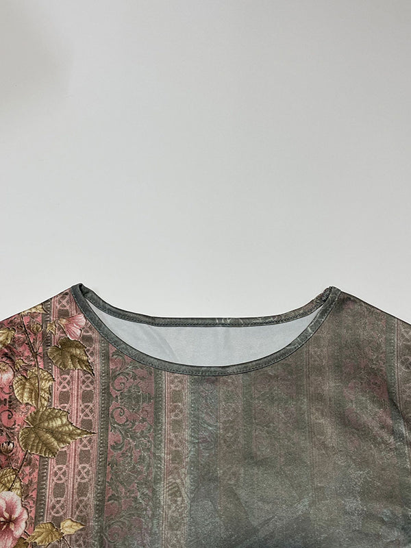 Flower Print Pleated Split-Joint A-line Long Sleeves Round-neck Mini Dresses