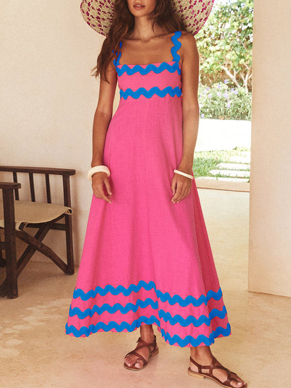 A-line High Waisted Contrast Color Zipper Square-neck Maxi Dresses Midi Dresses