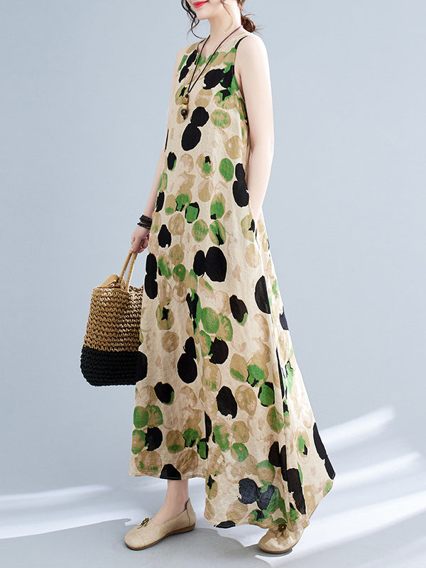 Printed Split-Joint Loose Sleeveless Round-neck Maxi Dresses