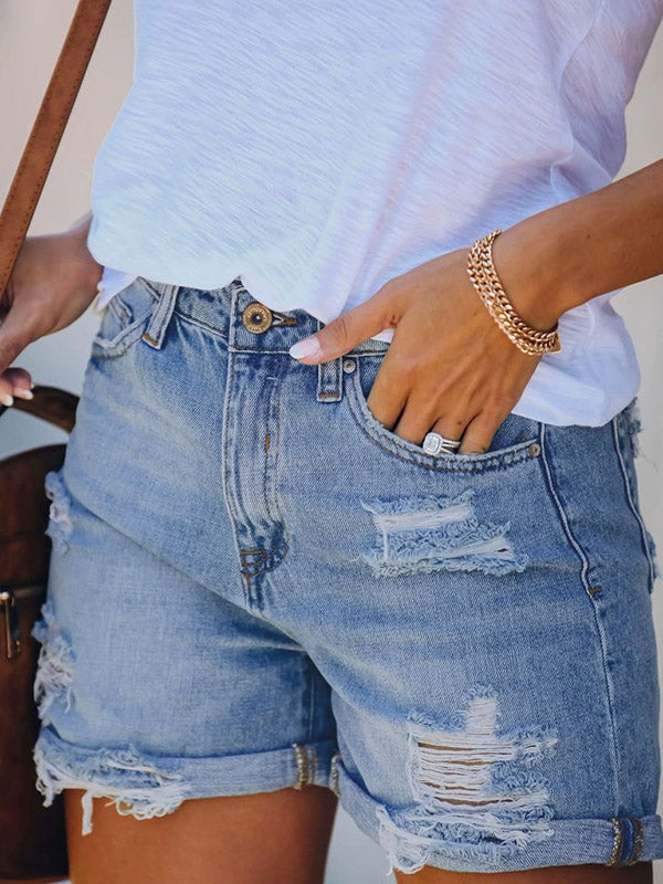 Hollow Ripped Split-Joint Loose Denim Shorts