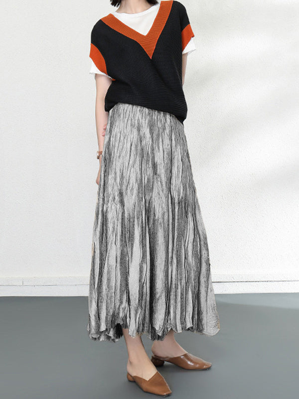 Elasticity Pleated Solid Color A-line High Waisted Skirts Bottoms