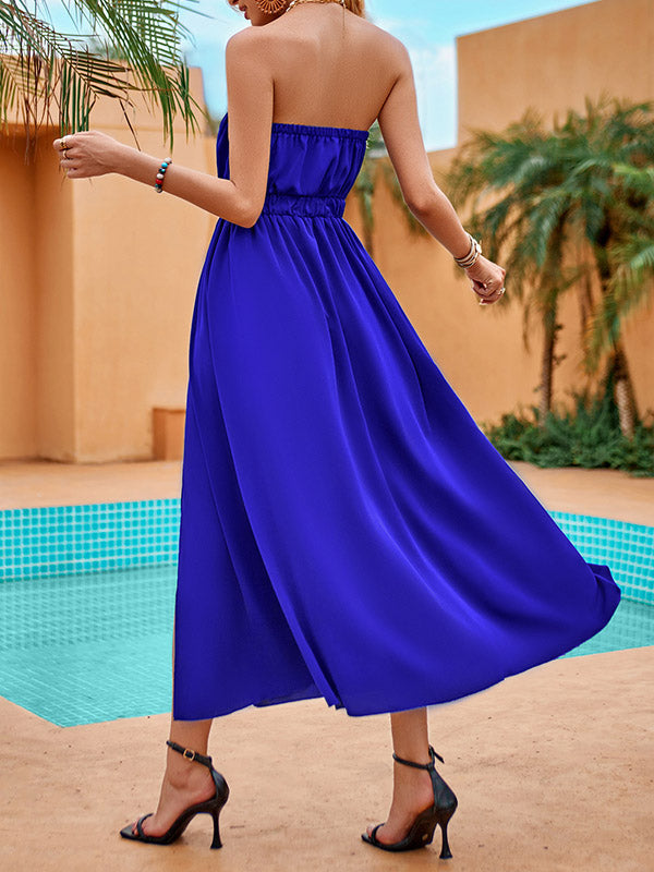 Belted Elasticity Split-Front A-Line Loose Tube Midi Dresses