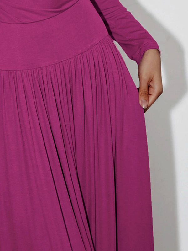 Pleated Solid Color Split-Joint Long Sleeves Round-Neck Maxi Dresses