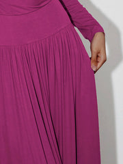 Pleated Solid Color Split-Joint Long Sleeves Round-Neck Maxi Dresses
