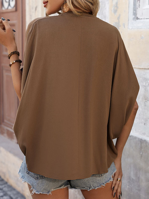 Solid Color Split-Joint Batwing Sleeves Loose V-Neck T-Shirts