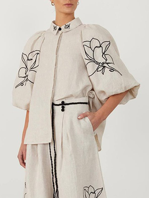 Pleated Printed Split-Joint Loose Puff Sleeves Lapel Blouses&Shirts Tops