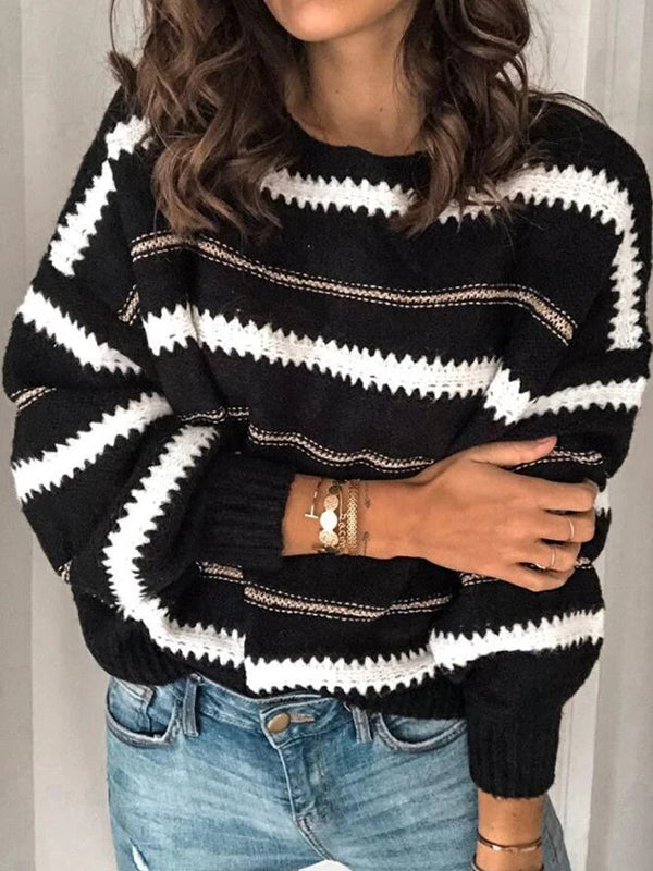 Striped Long Sleeves Loose Round-Neck Sweater Tops Pullovers Knitwear