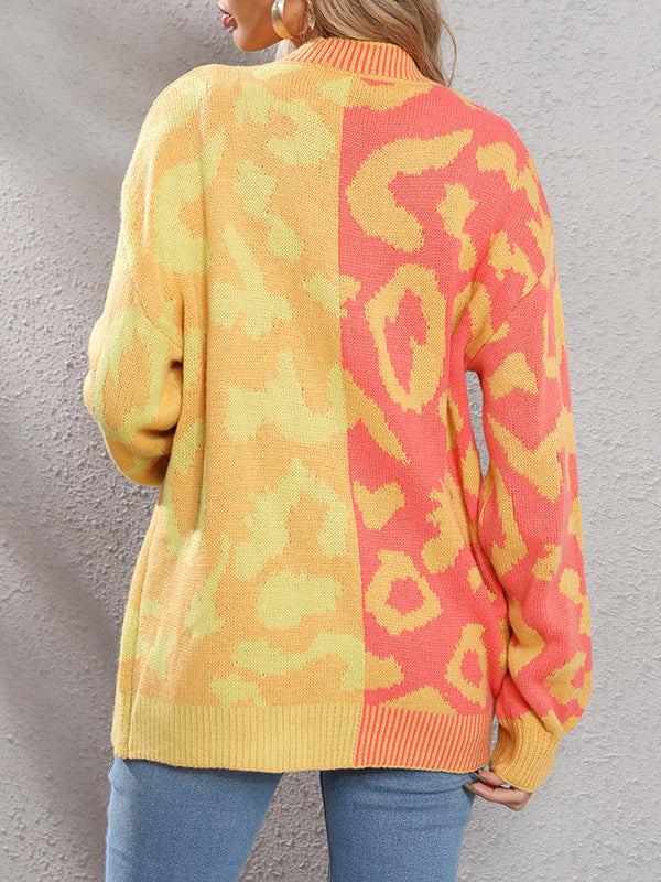 Buttoned Leopard Split-Joint Long Sleeves Loose V-Neck Cardigan Tops