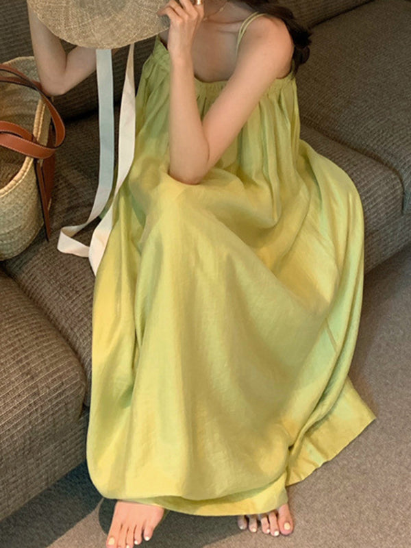 Pleated Solid Color Loose Sleeveless Spaghetti-Neck Slip Dress Midi Dresses