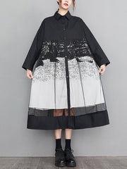 Buttoned Gauze Printed Split-Joint A-Line Long Sleeves Lapel Midi Dresses