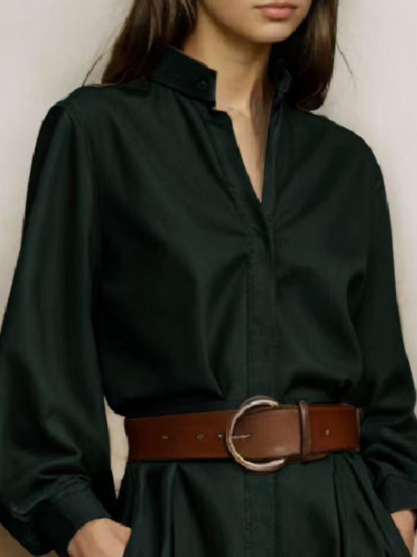 Buttoned Solid Color Split-Joint Long Sleeves Loose Stand Collar Blouses&shirts Tops