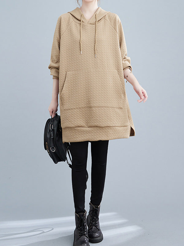 Buttoned Drawstring Pockets Solid Color Split-side High-low Long Sleeves Hooded Hoodies Tops