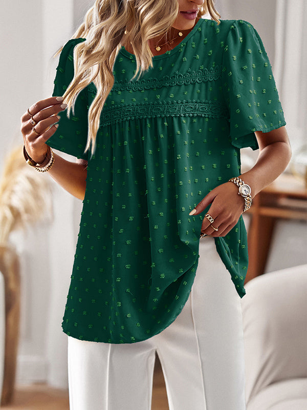 Hollow Jacquard Pleated Solid Color Split-Joint Loose Short Sleeves Round-Neck T-Shirts Tops