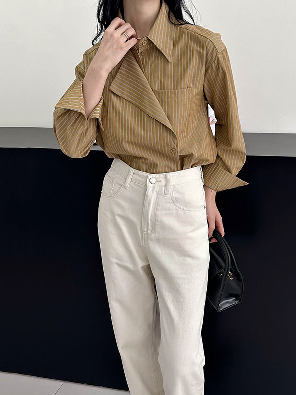 Asymmetric Split-Joint Striped Long Sleeves Loose Lapel Blouses