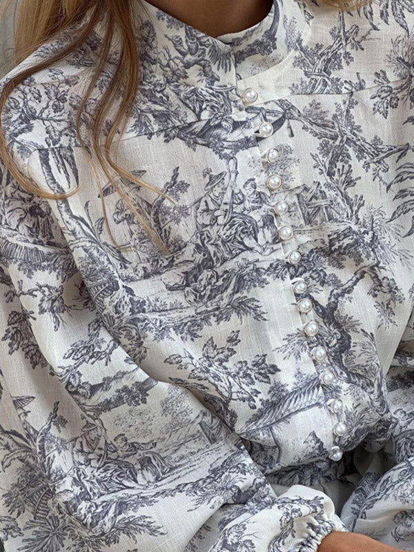 Pleated Printed Split-Joint Tied Waist Loose Puff Sleeves Stand Collar Mini Dresses