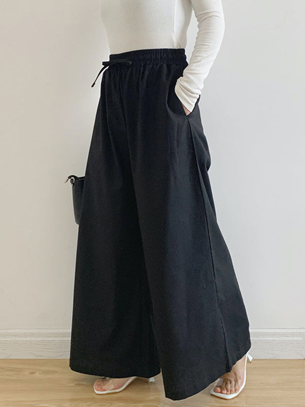 Drawstring Elasticity Pockets Solid Color High Waisted Loose Trousers Pants